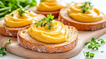 Creamy, golden butter served with slices of freshly baked bread and garnished with herbs. The butter is swirled elegantly in a dish, enhancing its fresh and artisanal appearance.
