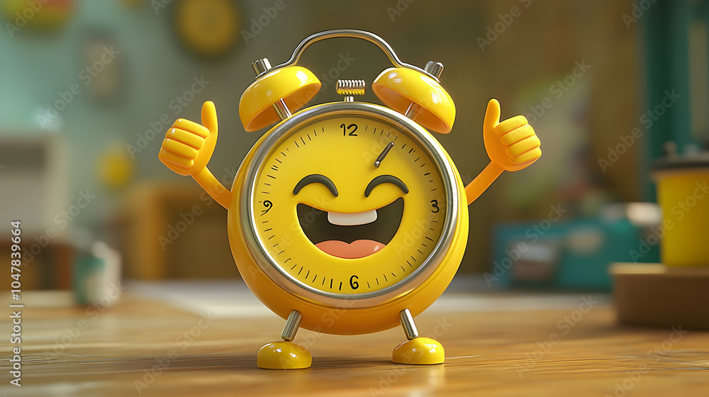 Poster cheerful alarm clock character with thumbs-up gesture, expressing positivity and motivation in a pla