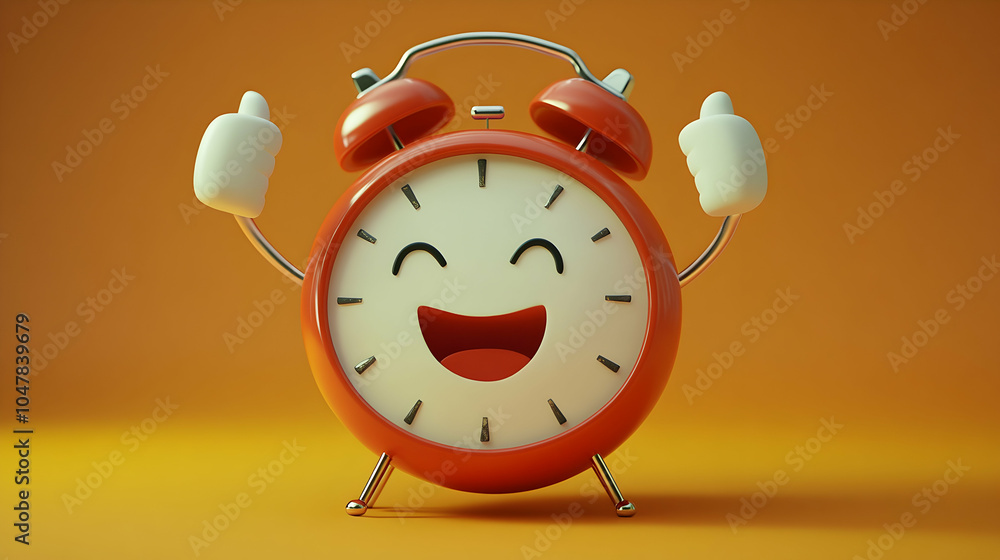 Poster cheerful alarm clock character with thumbs-up gesture, expressing positivity and motivation in a pla