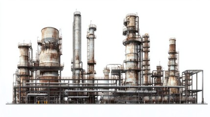 Obraz premium Oil refinery complex with tall distillation towers and an intricate piping system, isolated on white background
