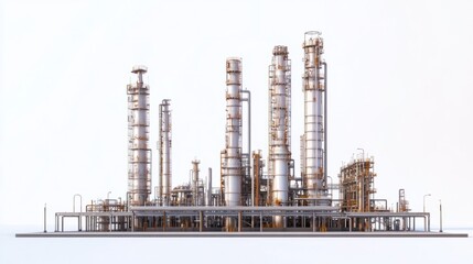 Obraz premium Oil refinery complex with tall distillation towers and an intricate piping system, isolated on white background
