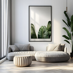 Frame mockup, ISO A paper size. Living room wall poster mockup. Interior mockup with house background. Modern interior design. 3D render