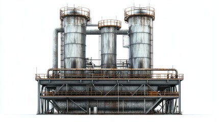 Obraz premium Oil refinery cooling tower with surrounding pipelines, isolated on white background