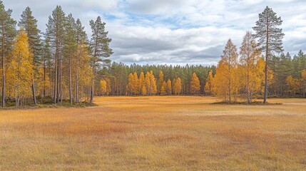 Fototapeta premium A wide, open meadow surrounded by a golden autumn forest.