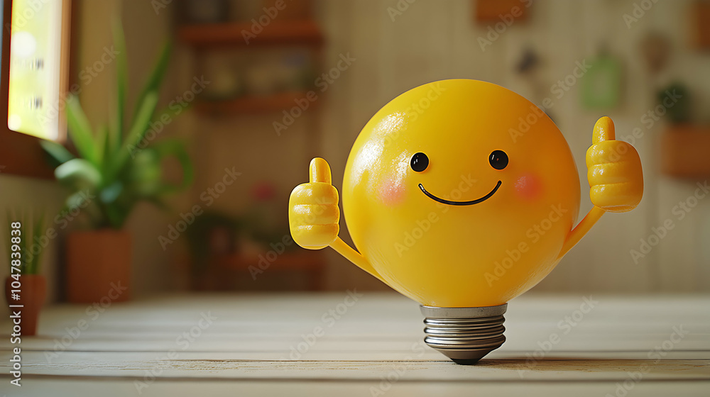 Poster happy lightbulb character giving a thumbs-up gesture in a cheerful setting