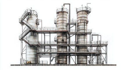 Oil refinery distillation columns with metal staircases and walkways, isolated on white background