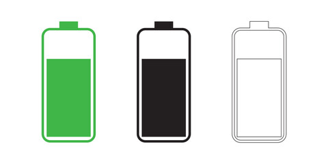 Battery icon set. Battery charging and percentage capacity levels icon. Red, green, yellow and black colors vector illustration.