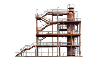 Oil refinery flare tower with safety railings and metal staircases, isolated on white background