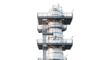 Oil refinery flare tower with safety railings and metal staircases, isolated on white background