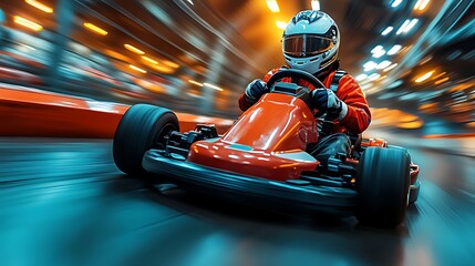 A go-kart racer speeds around a track, with motion blur highlighting the speed and excitement of the sport.