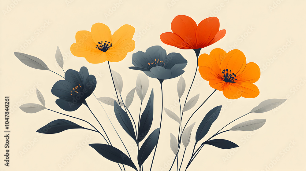 Aufkleber minimalist vector flower design featuring simple blooms and leaf elements in soft color palette