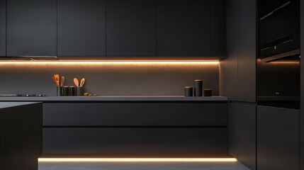 Ultra-realistic modern minimalist kitchen at night, featuring LED light strips and premium glass and concrete materials, complemented by high-quality utensils