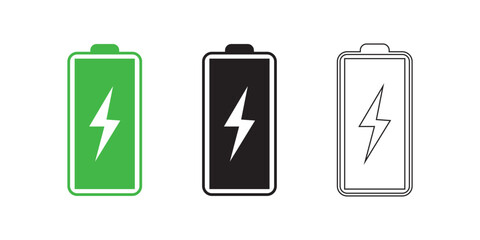 Battery icon set. Battery charging and percentage capacity levels icon. Red, green, yellow and black colors vector illustration.