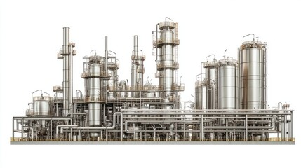 Oil refinery machinery with stainless steel tanks and complex piping, isolated on white background