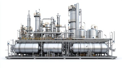 Obraz premium Oil refinery machinery with stainless steel tanks and complex piping, isolated on white background