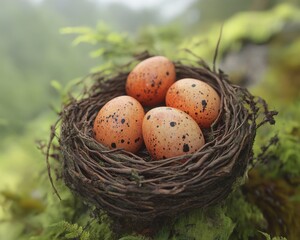 Close-up of a Natural Bird Nest with Vibrant Speckled Eggs, Nature's Perfect Nursery Discover the Beauty and Importance of Bird Nests and the Nutrition Found in Bird Eggs
