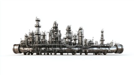 Obraz premium Oil refinery pipelines and flares with detailed metallic textures, isolated on white background