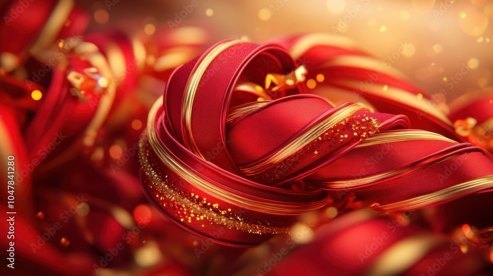 Poster elegant red and gold ribbons folded into intricate shapes and patterns, creating a stunning and uniq