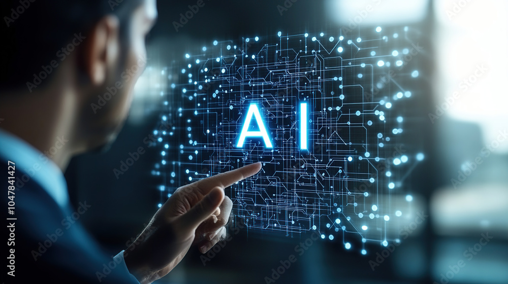 Poster businessman touching a digital hologram of an ai icon with the text 