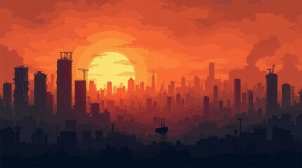 Fototapeta premium Post-apocalyptic city skyline silhouette at sunset panoramic view with tall buildings debris and destruction
