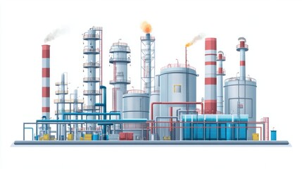 Obraz premium Oil refinery storage units and flare stacks with pipelines, isolated on white background