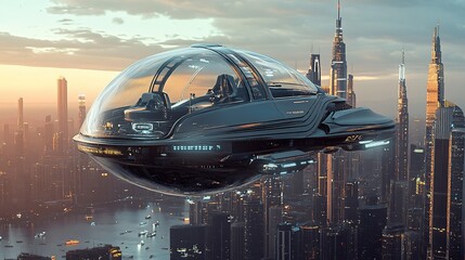 Futuristic flying vehicle over a metropolis