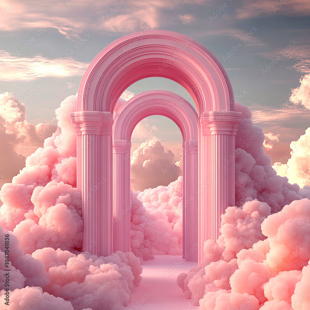 Wall mural 3d rendering of pink arches with clouds