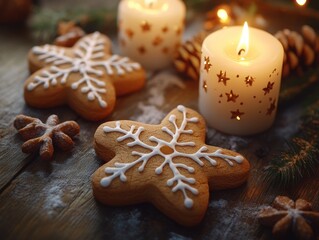 Fototapeta premium Delightful Gingerbread Cookies Decorated with Snowflake Icing Near Flickering Candles, Festive Winter Baking and Holiday Decor Ideas