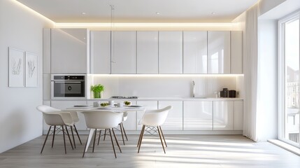 Modern new light interior of kitchen with white furniture and dining table. Modern kitchen. Ultra realistic. Photorealistic