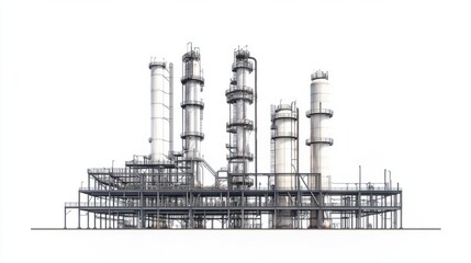 Oil refinery with distillation columns and metal walkways, isolated on white background