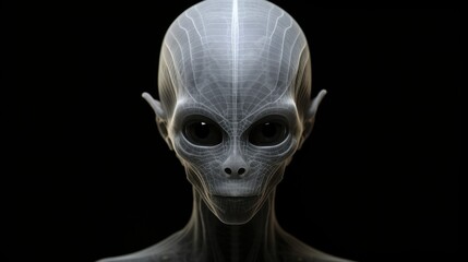 Naklejka premium Detailed Illustration of a Curious Grey Alien with Large Eyes on a Mysterious Black Background