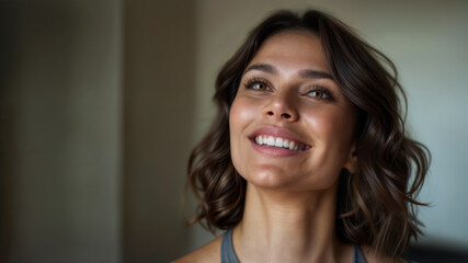 A happy, smiling woman looking upwards. Sparkling brown eyes and wavy brown hair. She is wearing a sports bra. Copy space. - Powered by Adobe