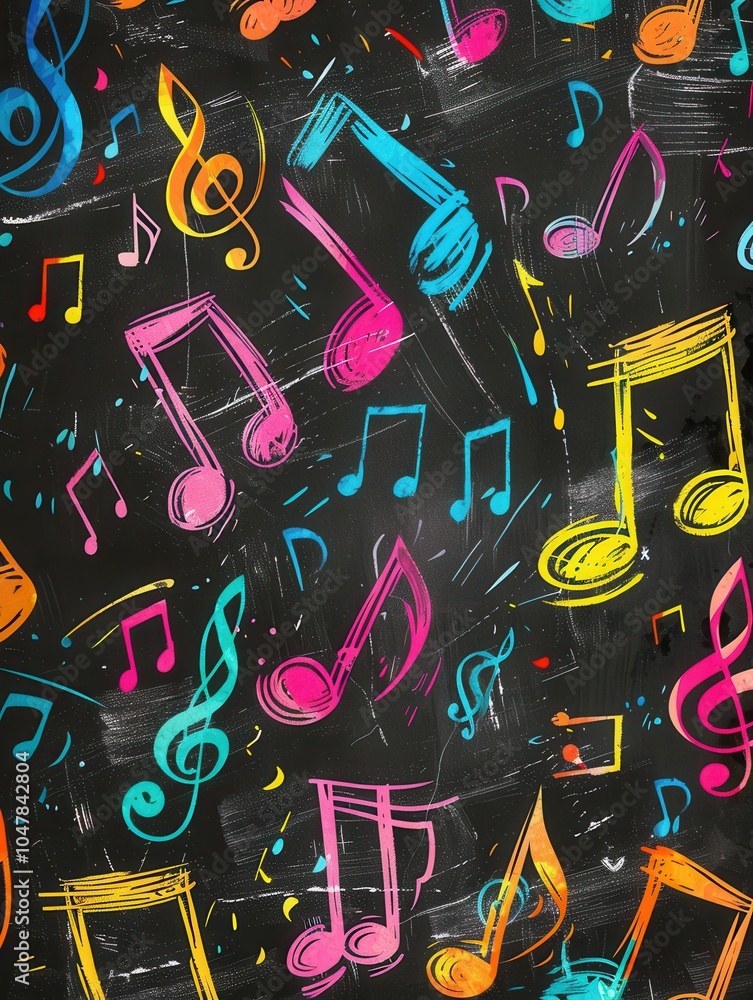 Aufkleber a creative chalkboard displays vibrant strokes mingling with colorful musical notes, inspiring a joy
