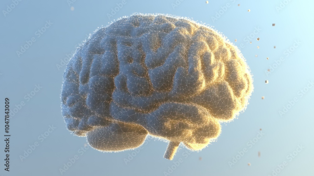 Poster A fluffy white brain with tiny particles surrounding it, against a blue background.