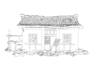 Line drawing of a dilapidated ancient house.