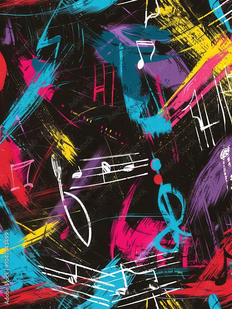 Aufkleber a dynamic chalkboard surface showcases colorful brushstrokes and intertwined musical notes, enhancin