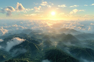 Golden Hour Panorama Cloud-Covered Peaks at Sunrise, Tranquil Atmosphere, Elevated View of Horizon, Ethereal Nature Photography