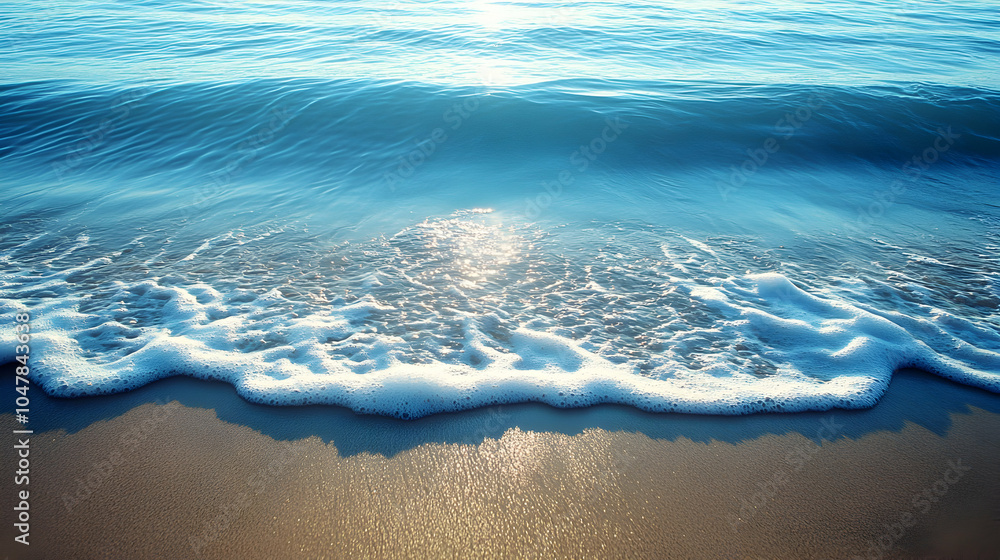 Poster surface waves on a beach with blue water and intricate wave patterns captured from above
