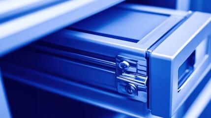 Obraz premium A close-up shot of a partially opened metal drawer in blue tones.