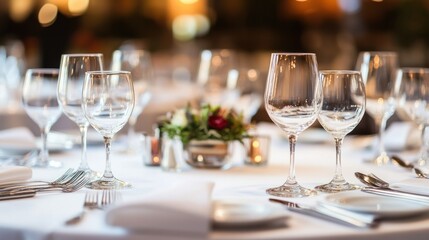 Round tables with white linens, silver cutlery, and crystal glasses under soft ambient lighting in a corporate event venue, isolated on white
