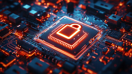 3D rendering of an icon on a chip with a padlock symbol floating over a computer circuit board background