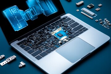 A clean, minimalist image of an open laptop with its components gently laid out around it