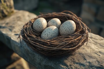 Speckled Bird Eggs in a Rustic Nest on a Wooden Surface, Simple, Calm Ambiance, Nature Photography, Springtime, Easter, Wildlife, Nest, Eggs, Rustic, Wood, Natural, Background, Decoration, Home