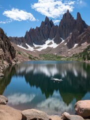 A serene mountain lake with snow-capped peaks reflecting in the still water, creating a picturesque landscape.