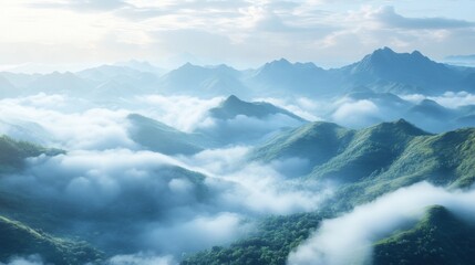 Fototapeta premium Tranquil Dawn Mountains Shrouded in Clouds with Sunrise Lighting the Scene, Elevated View of Peaks, Clouds, and Tranquil Dawn