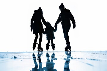 Joyful silhouette of a family ice skating together under the stars