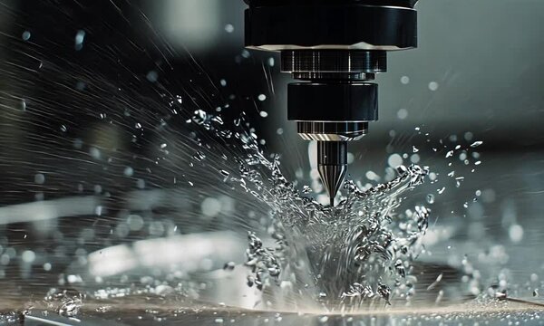 A close-up of a water jet cutting machine creating splashes in a metal workpiece.