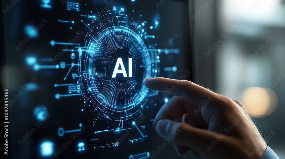 Poster businessman touching a digital hologram of an ai icon with the text 