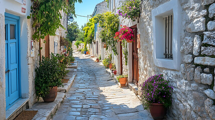 Obraz premium Charming Winding Village Streets with Quaint Cottages Surrounded by Lush Greenery in a Picturesque Landscape