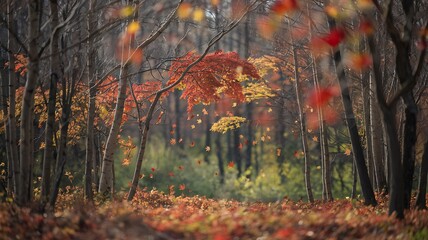 Autumn Leaves Falling in a Forest with Sunlight Filtering Through the Trees